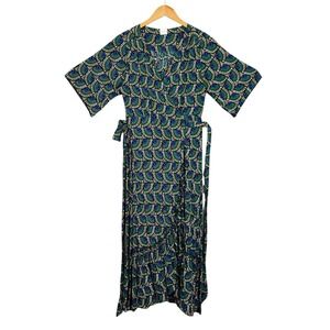 Silk & Salt Journey Wrap Dress Womens M African Peacock Maxi Ruffle Boho Chic